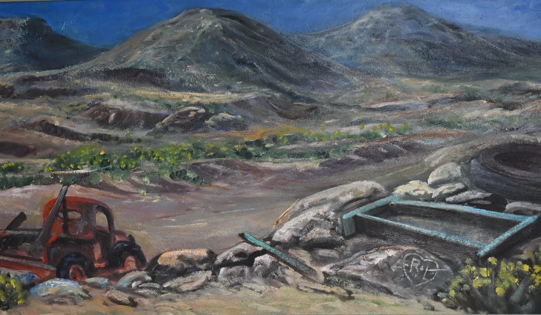 A painting by Rafael Gonzales of the New Mexico high desert: blue mountains under a deep sky, scrub and yellow chamisa across the valley, and an old rusted red truck among rocks in the foreground.