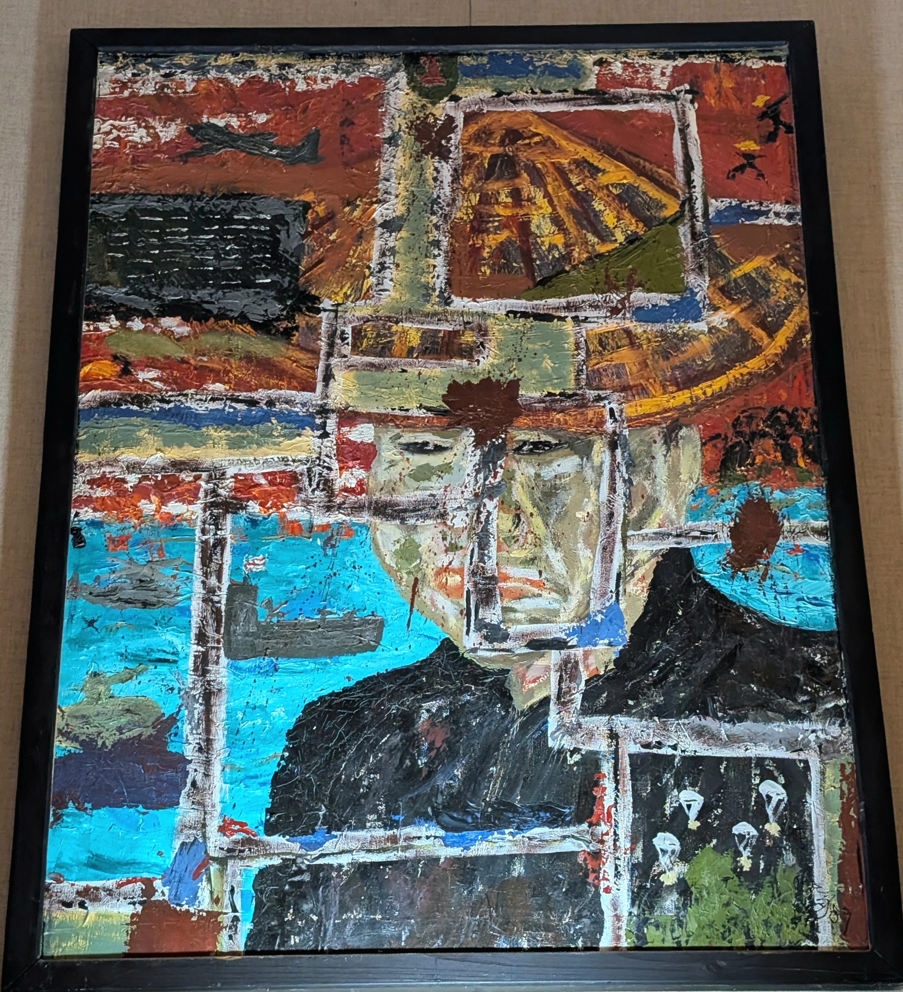 A densely textured oil painting laid on with a palette knife, broken into overlapping panels like fragments of memory. At the center is a large pale face with dark hollow eyes. Around it are pieces of Vietnam: an aircraft silhouette against a red sky, gold and olive hillsides, turquoise water with a gray boat, and small ghostly figures in the dark lower corner.